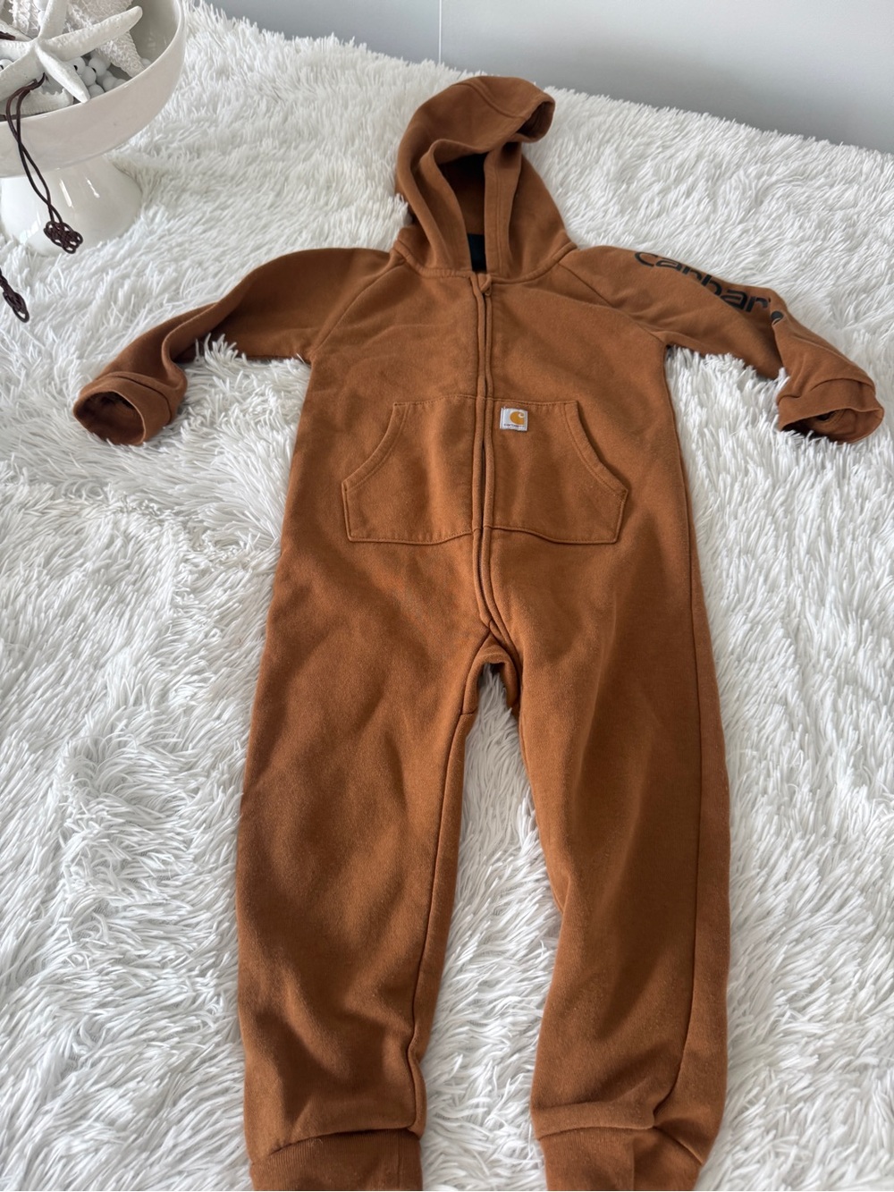 Carhartt Kids Brown Hooded Fleece One-Piece Romper Grandma Maintained